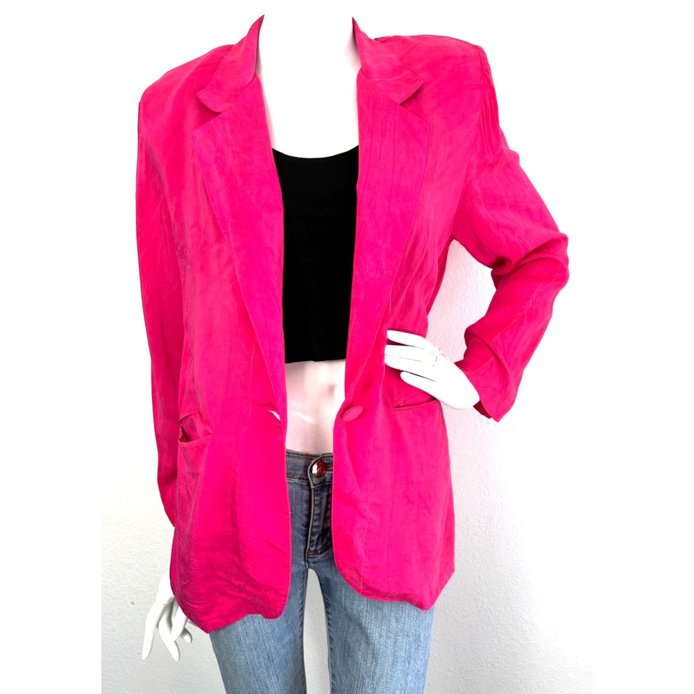 Vintage Christy Girl Pink Rayon Blazer Jacket L 10 Made USA 80s 90s Dopamine